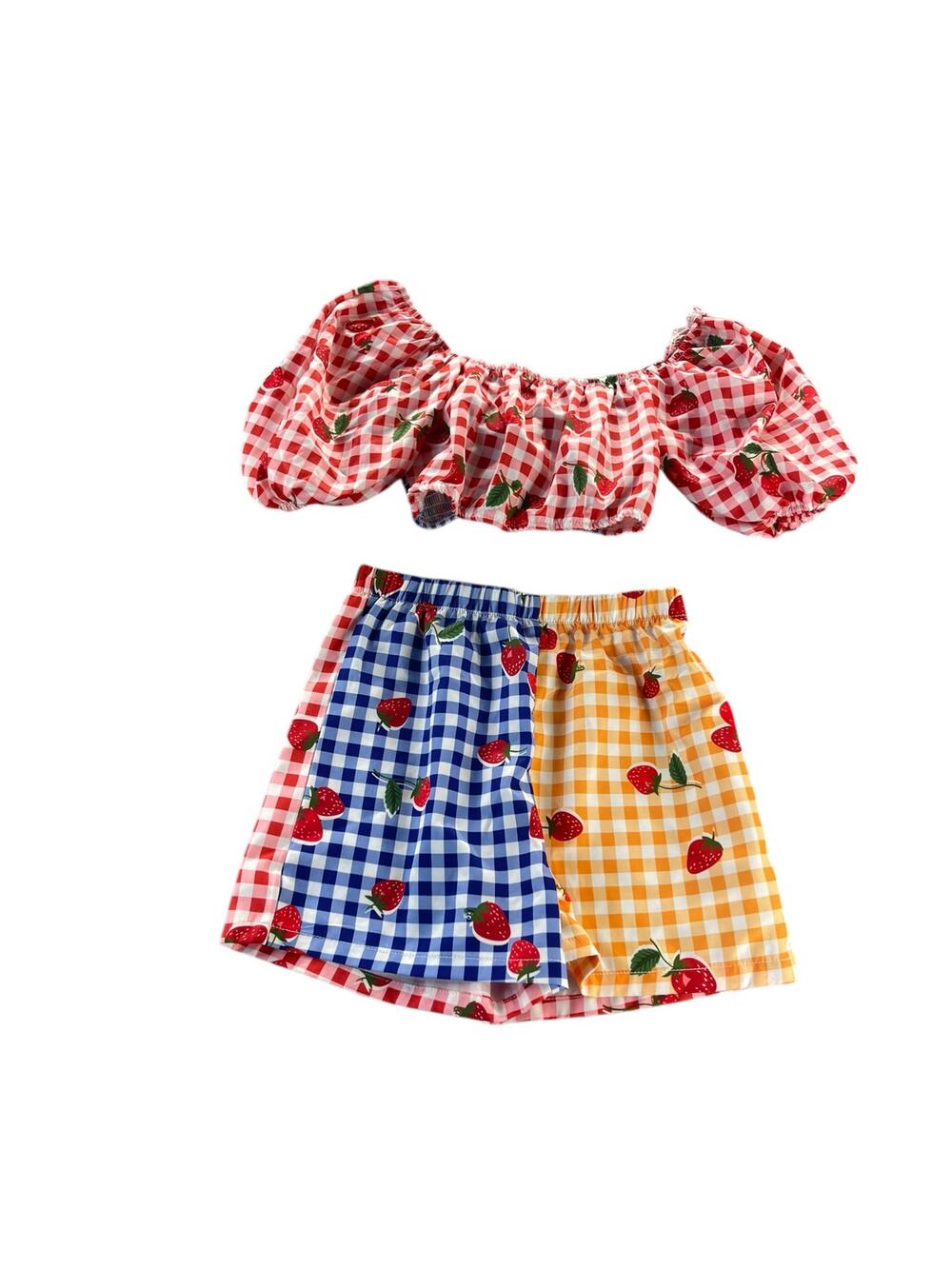 Shein Girls Mixed Media Strawberry Gingham Plaid Outfit Youth Size 8Y